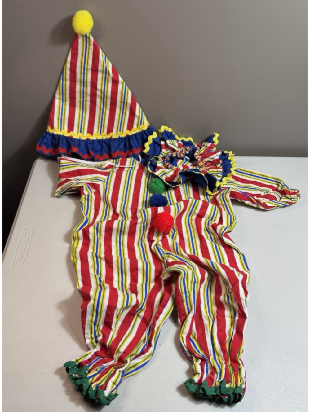 Vintage Handmade Kids Clown Costume w/ Hat Colorful Striped Outfit Pom Pom 9-12M